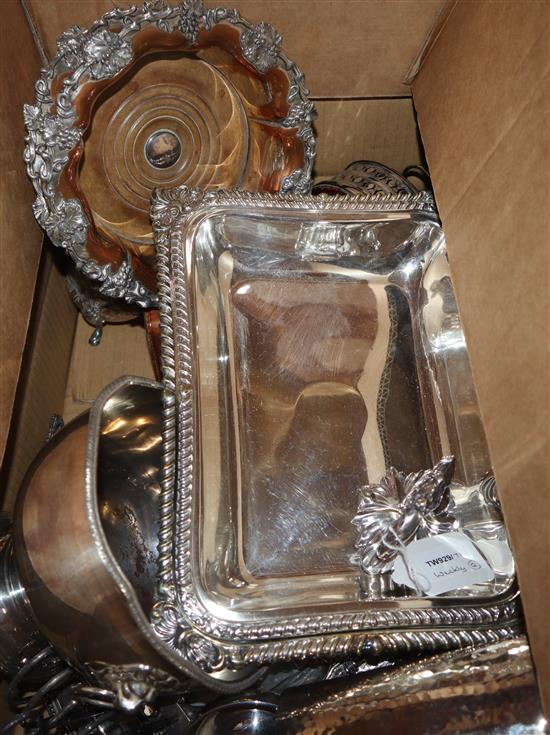 A plated entree dish and cover, a pair of silver-mounted hip flasks (cased) and sundry plate,